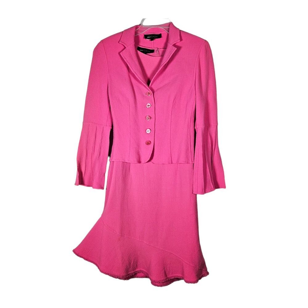 Escada Tweed Wool‎ Pink 2pc Sleeveless Shift Dress Flare Hem & Blazer Suit sz 40